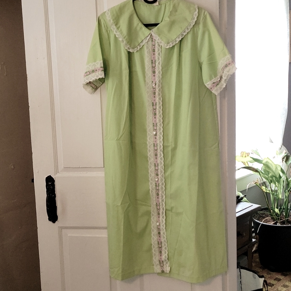 Vintage Mint Green Nightshirt with Pink, White and Kelly Green Lace Detail